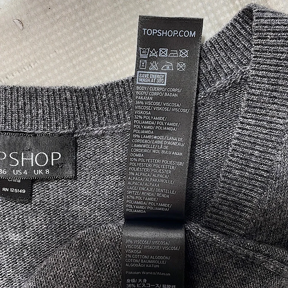 Topshop Sweater V-neck Gray Black Lace Hem Size 4
